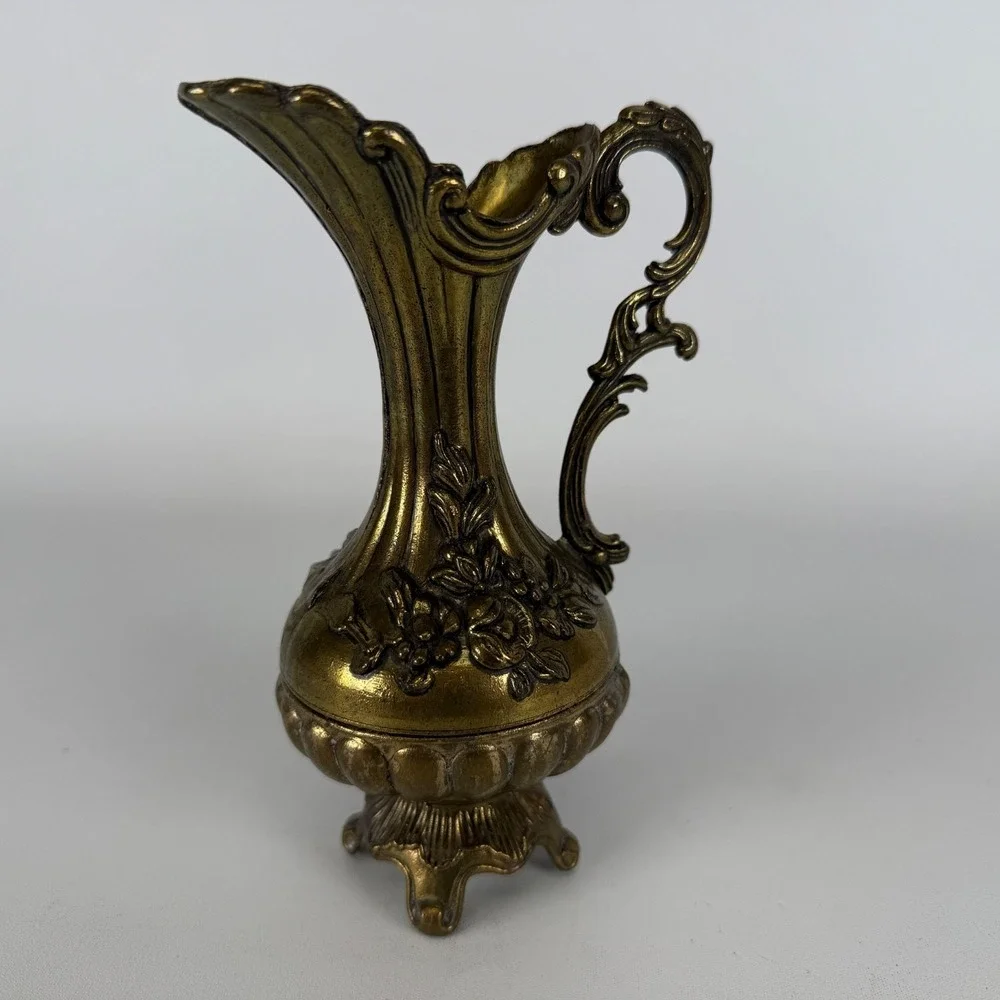 Vintage Italian Brass Floral Vase Pitcher Made In Italy Ornate Patina Metal READ